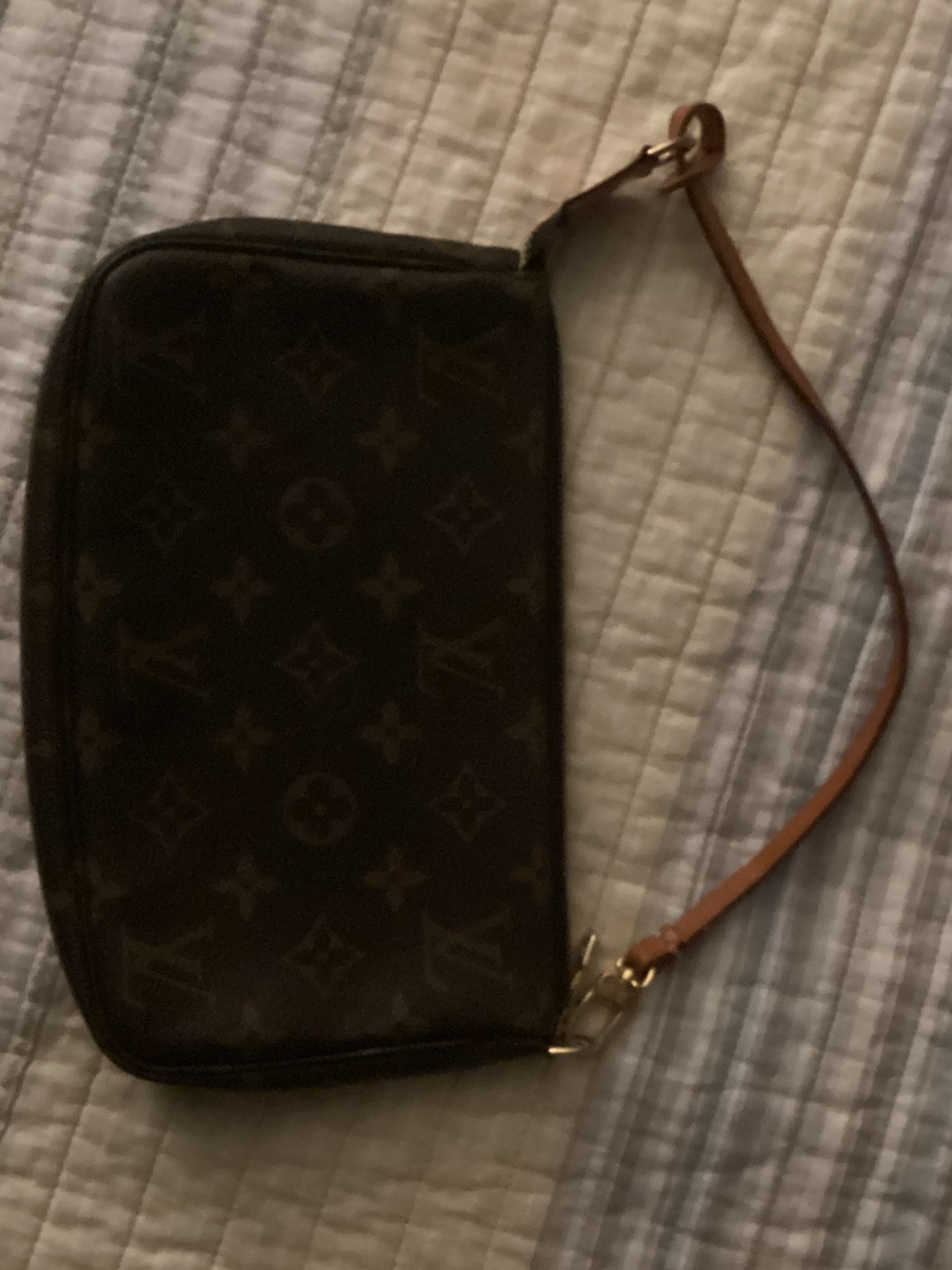 Louis Vuitton Monogram Wristlet in Dark Brown with Tan Strap and Gold Hardware